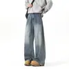 Jeans de pierna ancha estilo americano para hombre, lavado desgastado, corte recto, ajuste holgado, moda urbana, modernos, pantalones largos casuales
