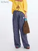 Pantalones Casuales Rectos de Encaje a Cuadros Primavera/Verano Heyhenry para Mujer, Holgados, Relajados, Versátiles, Cintura Elástica