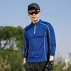 Atacado do fabricante de roupas de outono para uso externo, roupas de secagem rápida com gola alta, camiseta de manga longa elástica estilo casal, roupas de ginástica masculinas, roupas esportivas femininas