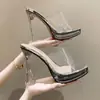Sandálias Transparentes de Cristal com Tira no Salto Grosso Novo Estilo 2025 Salto Super Alto Pequeno Sapatos de Pole Dance Sapatos de Passarela