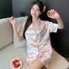 Pijama de urso com laço de desenho animado para meninas, seda gelada de verão, conjunto de roupas caseiras doces para mulheres, manga curta com shorts, atacado