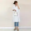 Suministro Transfronterizo 2025 Primavera y Verano Nuevo Estilo Japonés Sencillo Largo Abertura Lateral Cuello Redondo Botones Vestido Camisa