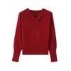 Conjunto Retro Estilo Coreano de Punto con Cuello en V y Mangas Largas para Mujer Otoño Invierno Ceñidor de Cintura Adelgazante Holgado Capa Interior Capa Base Suéter Top