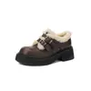 Zapatos de Cuero Pequeños JK de Piel de Vaca Cálidos y Felpudos 2025 Suela Gruesa Tacón Medio Grueso Punta Redonda Doble Botonadura Piel Genuina Boca Profunda Planos