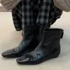 Versión en Stock~Botines Cortos Negros de Cuero Genuino Estilo Francés con Punta Cuadrada Delgados para Mujer, Elegantes y Versátiles para el Trabajo, con Cremallera Trasera Moda Botines Cortos
