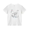 Camiseta Branca e Cinza de Gola Redonda e Manga Curta para Mulheres, Novo Estilo de Verão, Estampa de Gatinho Graffiti, Blusa Casual e Versátil 100% Algodão