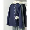 2026 Roupas Femininas Plus Size Outono Inicial Novo Estilo Elegante Versátil Gola Redonda Jaqueta Cardigan Jeans Sintético Casaco Casual 0908