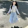 Conjunto estilo universitario para niños grandes: Conjunto de Dos Piezas de Moda para Primavera y Otoño con Top de Manga Larga y Falda Dulce con Lazo