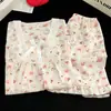 Pijama Infantil Algodão Nuvem Meninas Verão Renda Gola Quadrada Pulôver Estampa de Desenho Estilo Coreano Ins Conjunto Soltinho Fofo