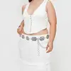 Moda Europeia e Americana Feminina Corrente de Cintura de Metal Versátil Prata Flor de Pinheiro Esculpida Pedra Incrustada Faixa de Cintura Estilo Étnico Retro Embossado