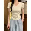 Camiseta de Manga Corta Irregular con Cuello en V Arrugado Estilo Chica Caliente para Mujer Verano Elegante de Moda Ajustada Adelgazante Hombro Corto