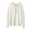 Ropa casual ~ Suéter de punto con capucha para mujer, 35% cachemira, canalé vertical, media botonadura, capa base con capucha ajustable