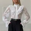 2026 Blusa Feminina Renda Vazada Coquette Francesa Gola Alta Babado Manga Sino Solta Camisa Externa para o Dia a Dia
