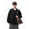 Sudadera con capucha de cuello polo de color sólido de peso pesado para hombre, nueva de otoño, estilo universitario holgado, marca de tendencia, top casual versátil