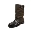 Botas de montar para mujer de piel de vaca de capa superior + ante de vaca, punta cuadrada de otoño, tacón medio grueso, botas hasta la pantorrilla con hebilla de cinturón, botas de motocicleta para mujer