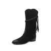 Balançando com Elegância~ Botas Western Cowboy com Franjas Camurça de Vaca 2025 Salto Baixo Grosso Bico Quadrado Couro Genuíno Botas de Cano Médio para Mulheres