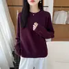 Suéter para mujer 100% lana pura, cuello redondo, manga larga, jersey, color liso, casual, versátil, camiseta básica de punto simple para otoño e invierno