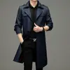Novo trench coat masculino de primavera 2023, comprimento estendido, gola de terno casual de negócios, cinto, capa de joelho masculina