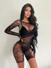 Lencería sexy de manga larga, transparente, medias negras, conjunto de malla de una pieza de tentación de comercio exterior transfronterizo europeo y americano w675