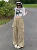 Pantalones Casuales de Calle Americanos para Mujer Verano Nuevo Cintura Alta Rectos Pierna Ancha Longitud de Piso Caída Pantalones Cargo de Dos Usos