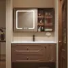 Juego de gabinete de baño inteligente de madera maciza de nogal estilo chino tradicional con lavabo de cerámica integrado