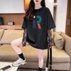 T-shirt Feminina Solta de Algodão Puro com Bloco de Cores e Letras, Estilo Desejo Puro com Renda e Proteção Solar de Comprimento Médio para Emagrecer