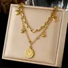 Collar de Capas con Colgante Redondo en Forma de Corazón Estación Independiente Europea y Americana Moda Tendencia Individualista Acero Inoxidable Chapado en Oro Joyería Transfronteriza