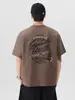 Ropa para Hombre Fengshe / Camiseta Vintage de Manga Corta con Estampado de Letras para Hombre, Algodón Puro, Corte Holgado, Cuello Redondo, Lavada y Desgastada