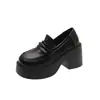 Zapatos Pequeños de Cuero Negros de Tacón Alto Grueso Estilo Británico Retro para Mujer 2026 Nuevos Mocasines de Verano para Aumentar la Estatura Zapatos de Vestir