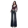 Jeans de campana de tiro bajo para mujer, color Naranja Juvenil # Diseño de remaches retro, corte ajustado, elegantes, versátiles y de largo hasta el suelo
