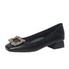 Zapatos Bajos de Cuero Genuino para Mujer 2026 Primavera Nuevo Estilo Hebilla Cuadrada Metálica Zapatos para Mujer con Pedrería Punta Cuadrada Tacón Grueso Suela Suave Zapatos de Moda