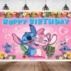 Tela de Fondo de Cumpleaños de Stitch Suministros de Decoración para Fiesta de Cumpleaños Diseño del Lugar Banner de Tela de Poliéster de Stitch