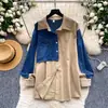 Moderna camisa vaquera retro de retazos para mujer, de manga larga, corte holgado, top versátil y elegante para el trabajo, Otoño 2026