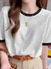 Camiseta Manga Curta Color Block Algodão Floco de Neve Raglan Design Feminino Moda Versátil Top Leve Verão 2026 Nova Chegada