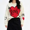 Suéter Jacquard con Bloques de Color, Letras y Corazones, Estilo Nuevo Otoño 2026, Corte Holgado, Adelgazante, Manga Larga, Top de Punto para Abrigo