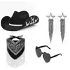 Chapéu de Cowboy Borda Prateada Novo Estrela de Cinco Pontas Chapéu de Cowboy Ocidental Óculos Preto e Branco Conjunto de Brincos e Lenço
