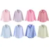 Roupas Femininas Transfronteiriças Estilo Europeu e Americano Primavera 2026 Nova Camisa de Popeline de Algodão com Listras Multicores e Decote V para Mulheres