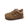 Zapatos Birkenstock con forro de felpa para niñas, cálidos de invierno, zapatos dobles de algodón y pelo, suela suave, zapatos de cuero para niñas, zapatos de conducción para niños, modernos