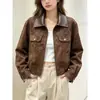 Jaqueta estilosa com gola de PU e camurça emendada para mulheres, nova moda outono 2026 estilo de rua top curto slim fit para mulheres