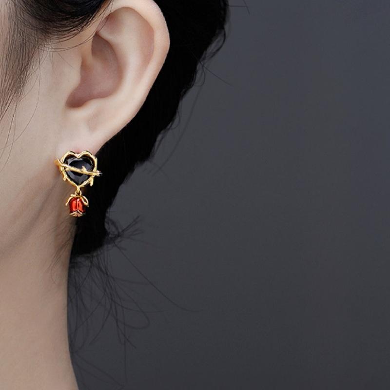 2212130 (1)红玫瑰吊坠黑色心形耳环2022年新款潮