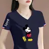 Camiseta de manga corta para mujer de comercio exterior transfronterizo, cuello en V, corte holgado, estampada, casual, retro, top para mujer de talla grande
