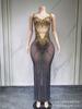 Vestido Elegante Sexy Transparente Dourado Brilhante com Strass Estilo Francês Modelo Adulto Passarela Moda Vestido de Alta Costura Feminino