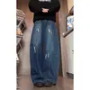 Calça Jeans Wide Leg Rasgada Azul Escuro para Homens, Novo Estilo de Verão, Moda High Street Americana, Marca Tendência, Calça Flare Descolada e Estilosa