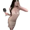 Lencería Divertida Nocturna para Mujer, Lencería Sexy para Bustos Pequeños, Abertura Alta, Detalle de Cadena, Vestido de Noche Halter Hot de Seda de Hielo Escotado, Lencería Divertida para Mujer