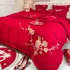 Juego de Cuatro Piezas de Algodón Cepillado Chino Bordado de Gama Alta para Boda, Sábanas de Color Rojo Brillante y Fundas de Edredón para Ropa de Cama de Boda