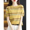 Camiseta de Algodão Listrada de Manga Curta Feminina Camada Base de Tricô Feminina Verão Nova Cor Color Block Gola Redonda Manga Curta