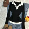 Camiseta feminina estilo americano, picante, com visual de duas peças, color block, slim fit, manga longa, nova moda de outono slim fit