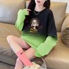 Sudadera Fina con Color Degradado Único de Primavera y Otoño para Mujer Estilo Hong Kong Chic Dibujos Animados Graffiti Reductora de Edad Holgada que Cubre el Vientre Top