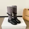 Tiro real~Botas de montar de tacón grueso con hebilla retro para mujer 2026 Otoño nuevo color block botas altas botas de vaquero occidentales mujer
