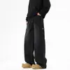 Jeans Cargo Masculino de Outono com Bolsos Grandes, Calças Casuais Masculinas Soltas de Perna Larga Retas, Tamanho Grande